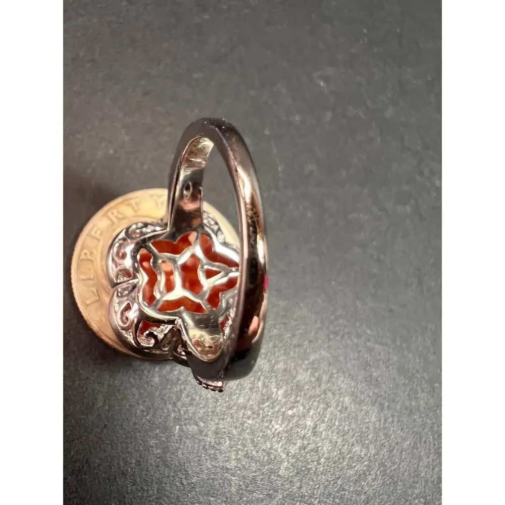 NEW cherry red jade and ruby blossom ring in rhodium over sterling silver size 6